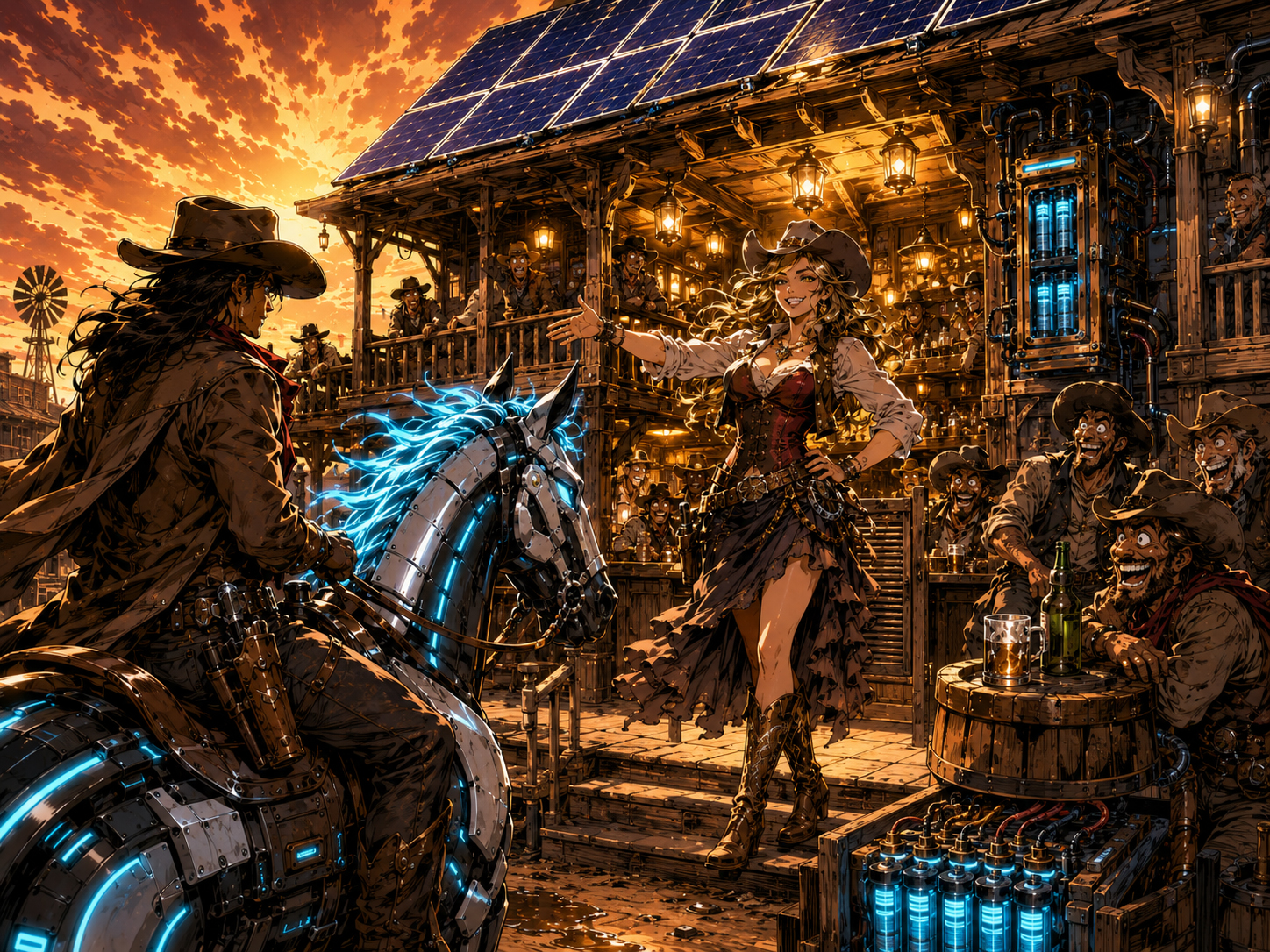 Battery Belle welcoming travelers to a solar powered saloon