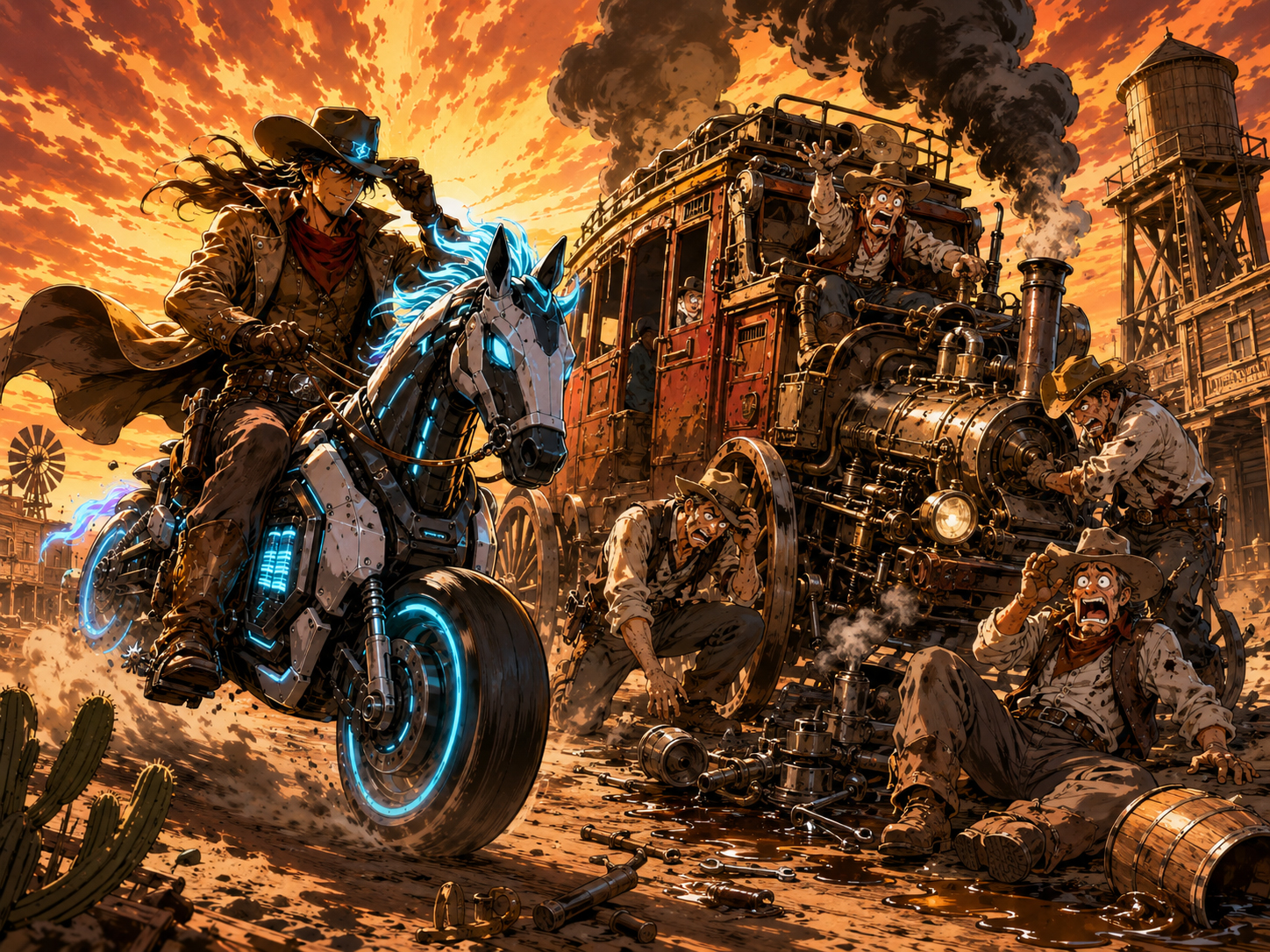 A smoky gasoline stagecoach breaking down