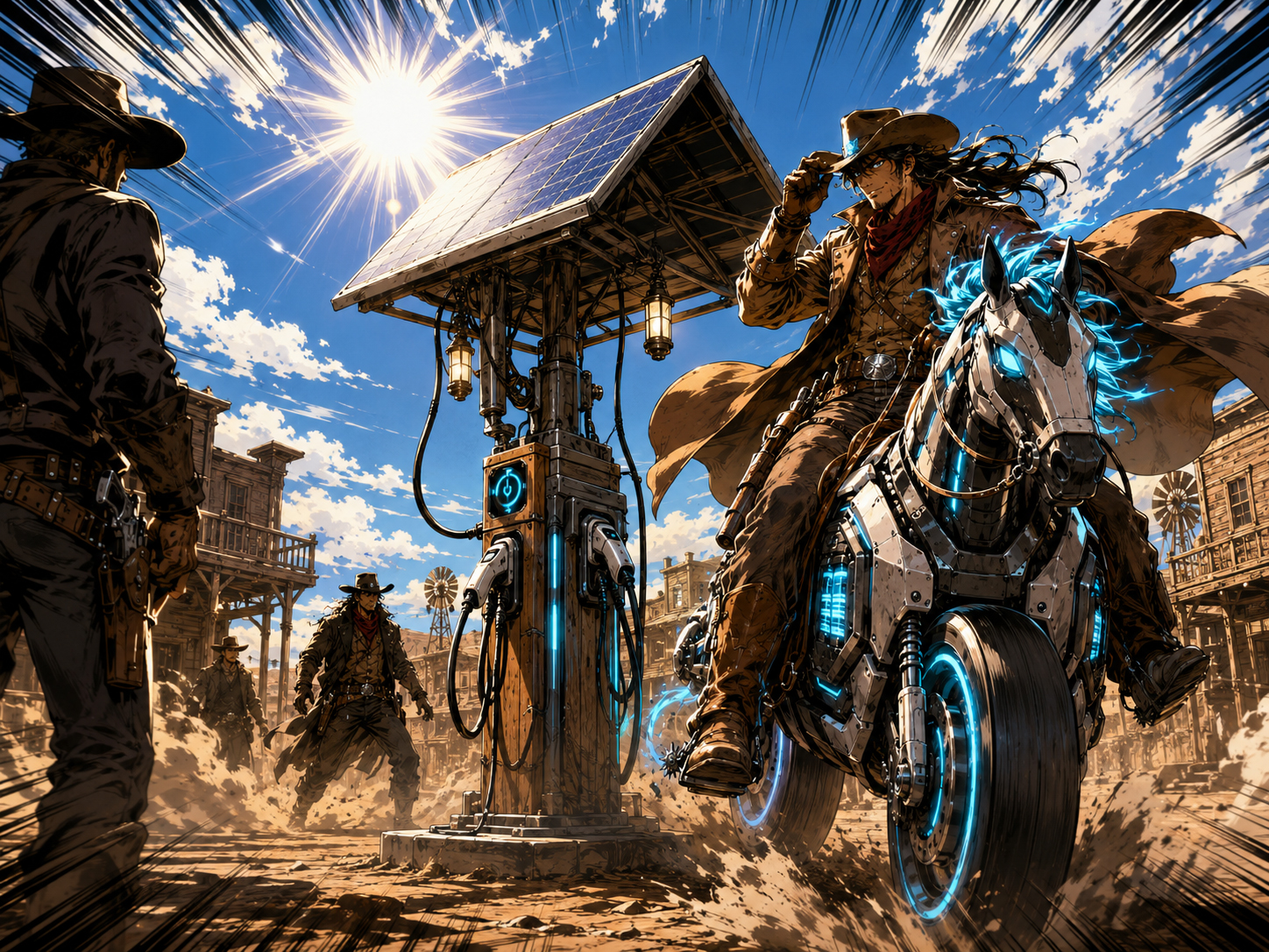 EV Cowboy at a high-noon EV charging post under a solar canopy