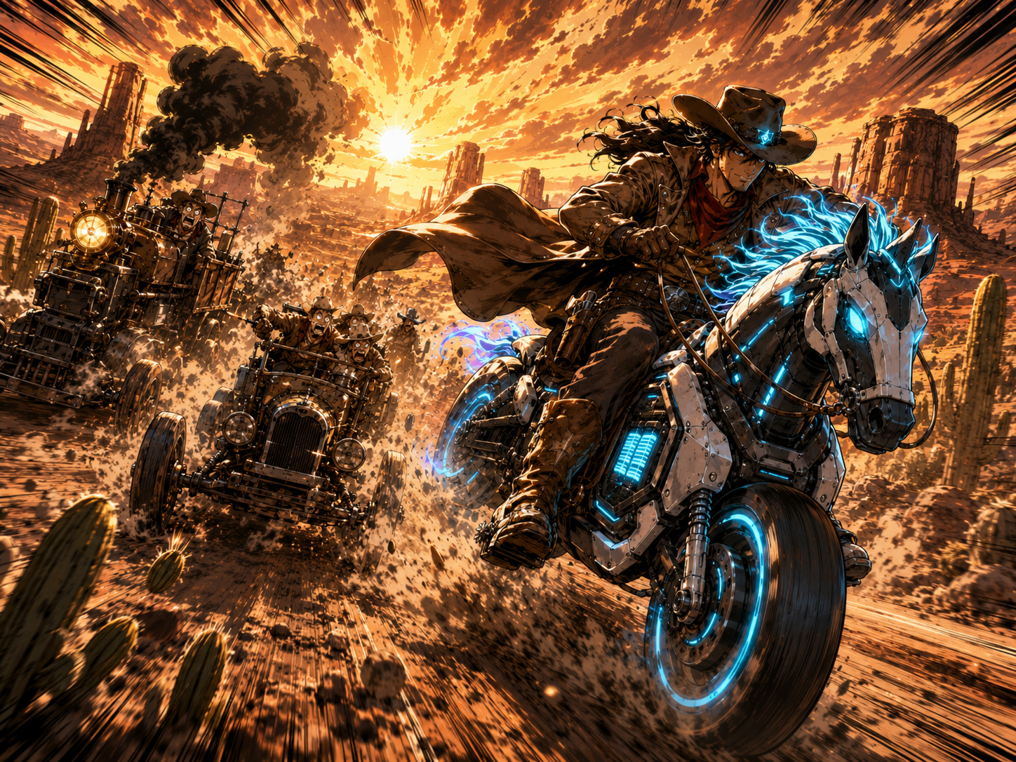 EV Cowboy racing across the desert on a silent electric steed ahead of smoky old machines