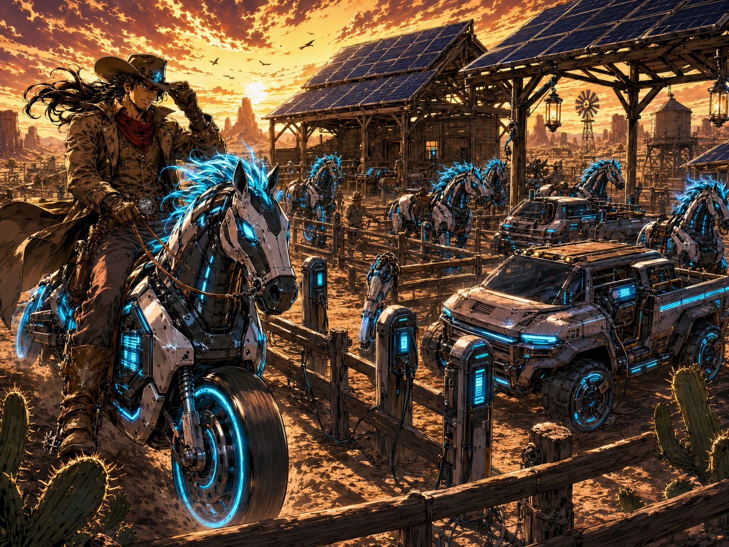 Electric steeds charging at a solar ranch